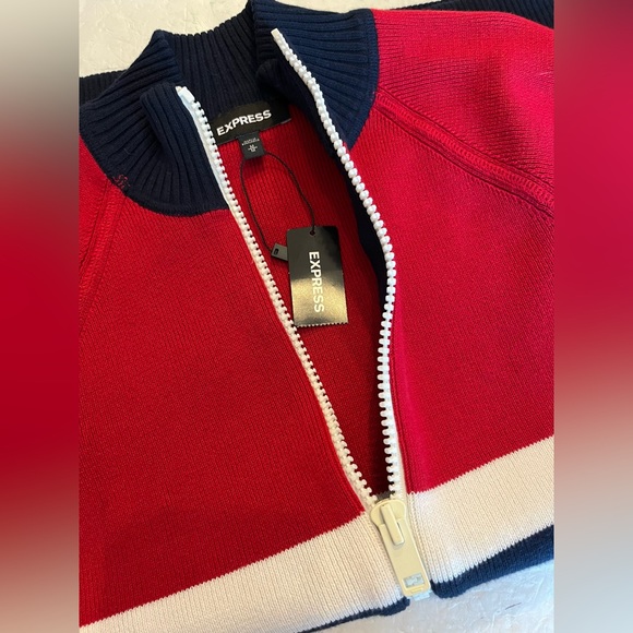 EXPRESS Cardigan Mock Turtle Neck Sweater Full Zipper Bold Red White Navy - Picture 7 of 12